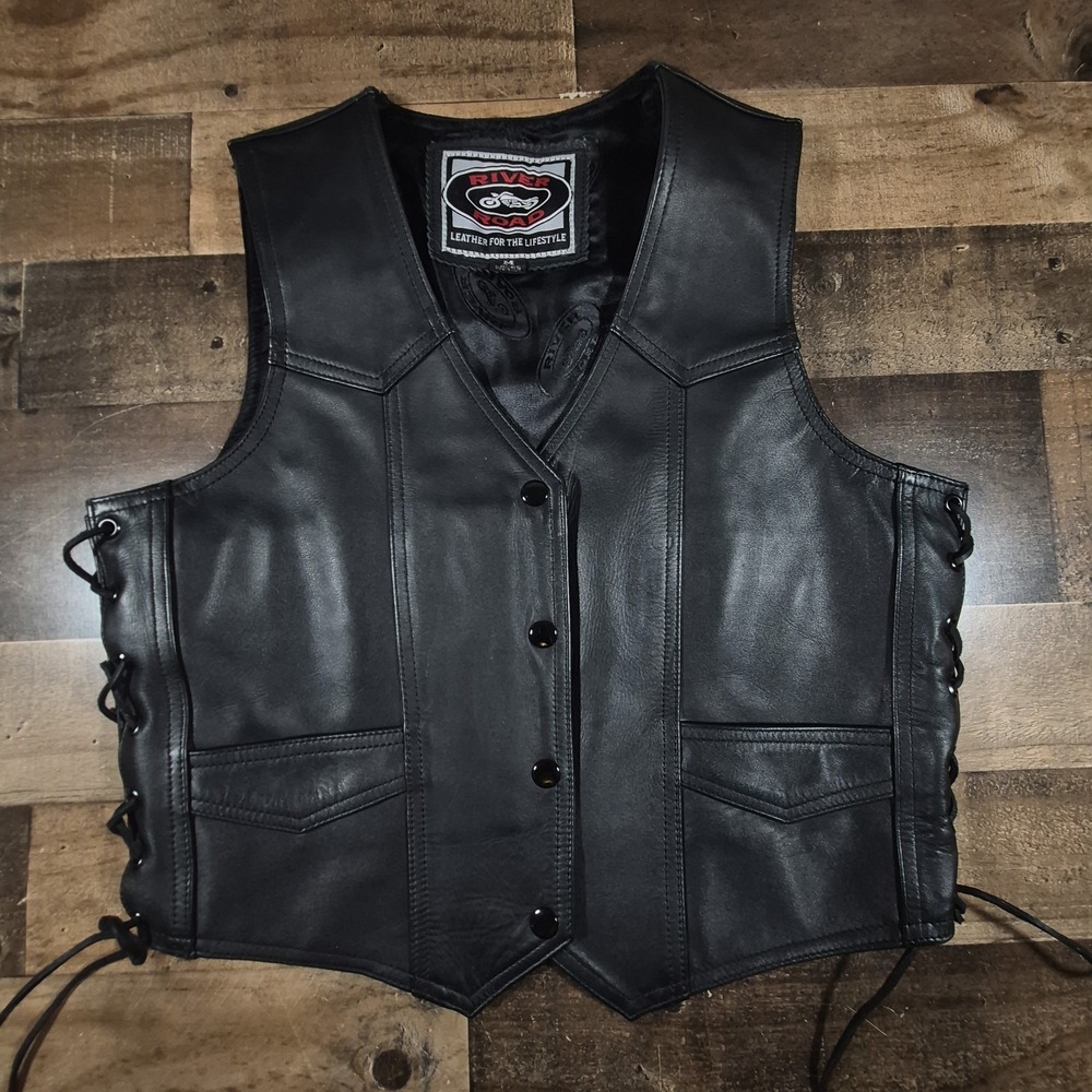 Vintage River Road Leather Motorcycle Vest Women's Medium Black Snap Biker Lace